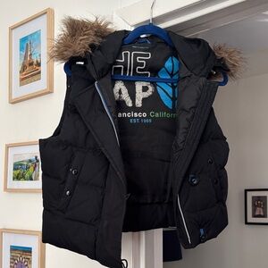 GAP Black Quilted Puffer Vest with Faux Fur Hood